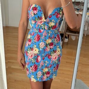 Solemio Strapless Floral Sweetheart Mini Dress - Bright Blue